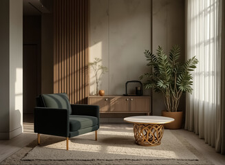 dark green velvet armchair and round marble-top coffee table in a sunlit minimalist living room