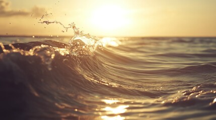 A golden ocean wave crests and splashes under a warm sunlight sky
