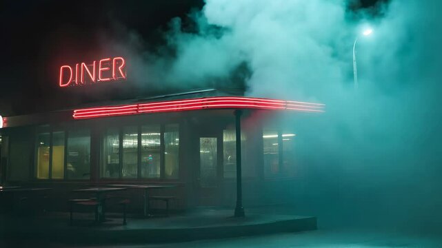 An empty diner with a red neon sign surrounded by thick fog at night. Mystic noir cinematic atmoshpere.