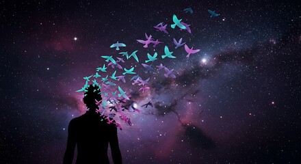 Silhouette of a person with birds taking flight in space