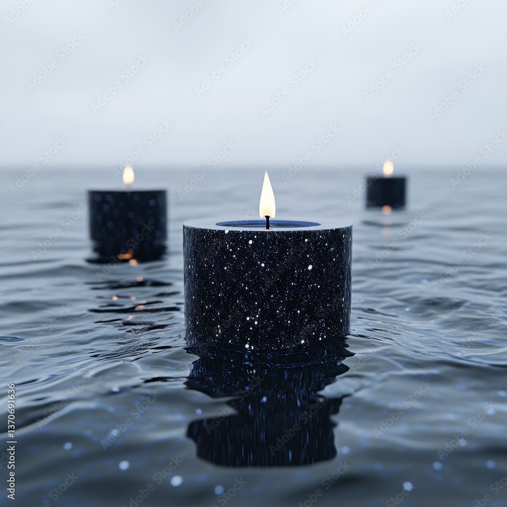 Poster three dark blue speckled candles float on calm water, creating a serene and mysterious atmosphere. s