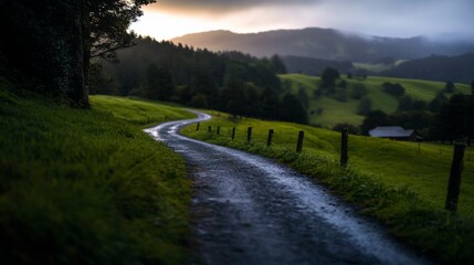 Serpentine road winds through verdant hills beneath a moody sky vista
