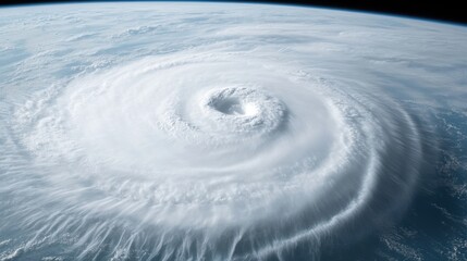 A powerful hurricane swirls over the ocean, showcasing its intense spiral structure and cloud formations from a satellite perspective.