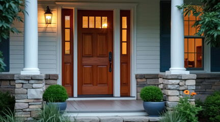 warm evening lighting illuminates a welcoming house entrance