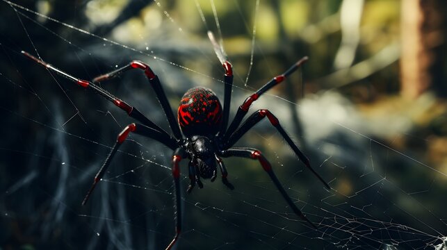 black spider with red markings sits in its web, ready to pounce. This detailed, fictional image may not depict newsworthy events, as specified in the content submission guidelines.