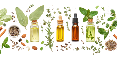 Assorted Essential Oils and Fresh Herbs with Glass Bottles Over a Black Background for Wellness and Aromatherapy Themes