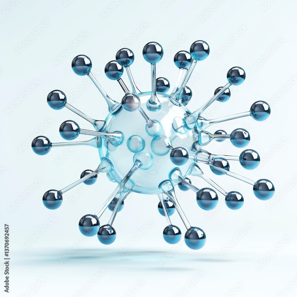 Poster abstract 3d rendering of a translucent sphere with metallic connectors, light blue color scheme, cle