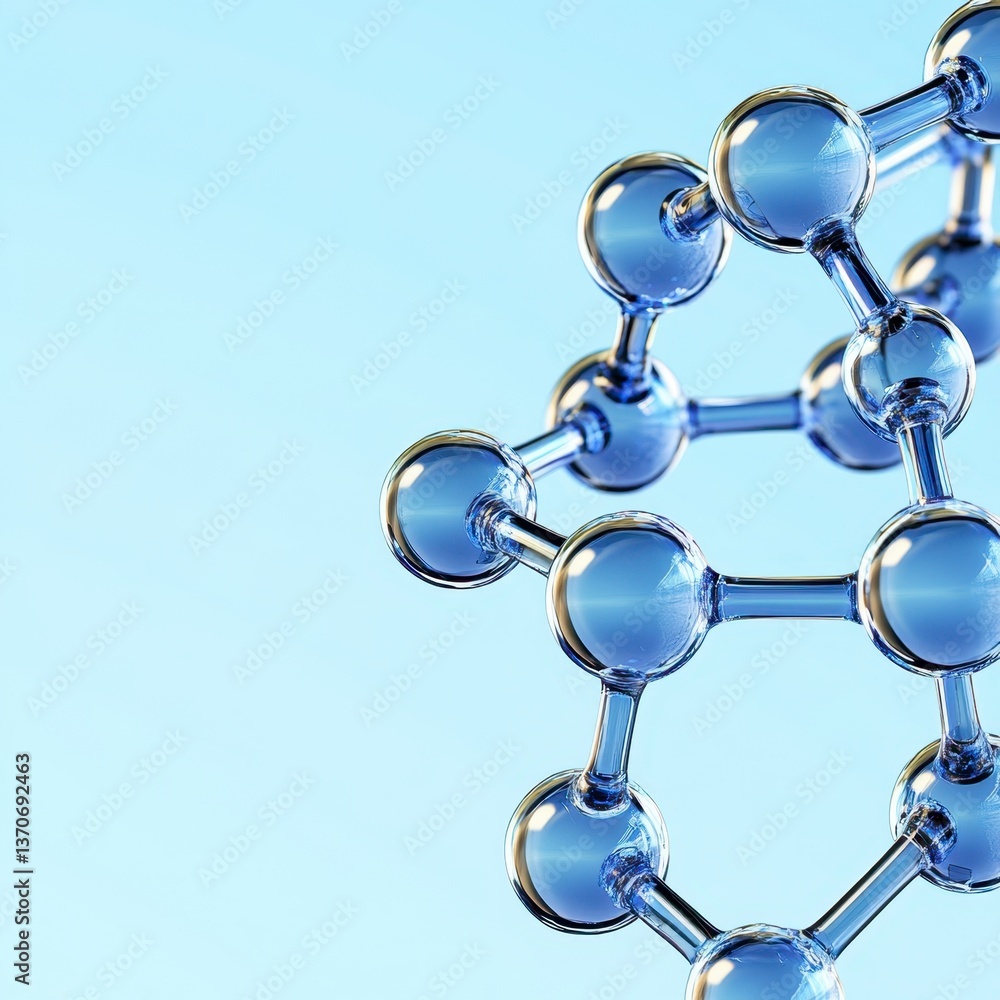 Poster abstract 3d rendering of a molecule model against a light blue background. the molecule is composed 