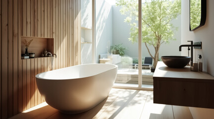 Fototapeta premium sunlit modern bathroom with freestanding oval bathtub and wooden walls