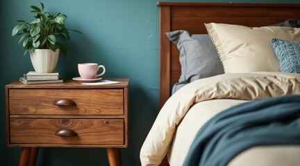 wooden bedside table with coffee cup plant and book in a calming bedroom setting
