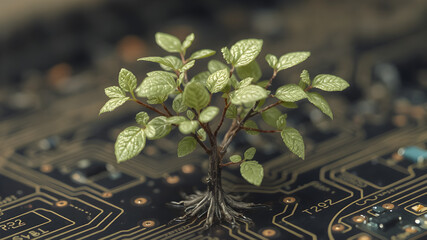 Generative AI illustration of digitally created image of ree with foliage growing from a circuit board illustrating the concept of technology
