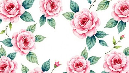 Delicate watercolor roses & leaves, repeating pattern , watercolor pattern, red