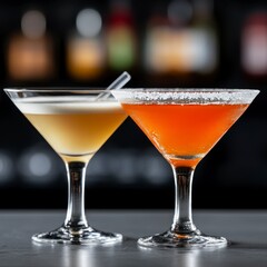 Two cocktails, one light yellow and the other orange, sit on a bar counter. The background is blurred, showing a dark bar with liquor bottles.