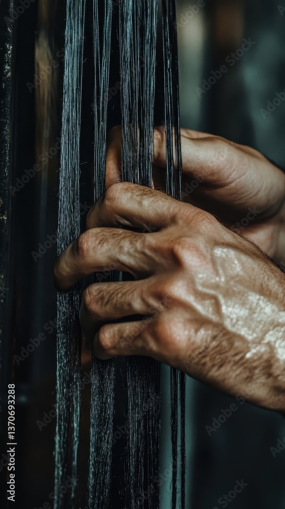 Poster close up view of hands working with hanging dark strands