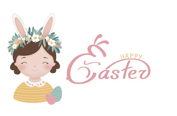 Happy Easter illustration with a cute girl wearing bunny ears, floral wreath, and a pastel botanical frame. Festive holiday design with elegant lettering and spring elements. .happy easter bunny.