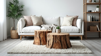 two rustic tree stump side tables in a modern living room setting