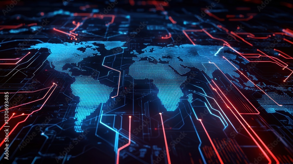 Poster a digital representation of a world map, highlighted with blue and red lines, suggesting advanced te