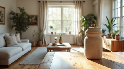 beige ceramic jar on wooden table in sunlit living room