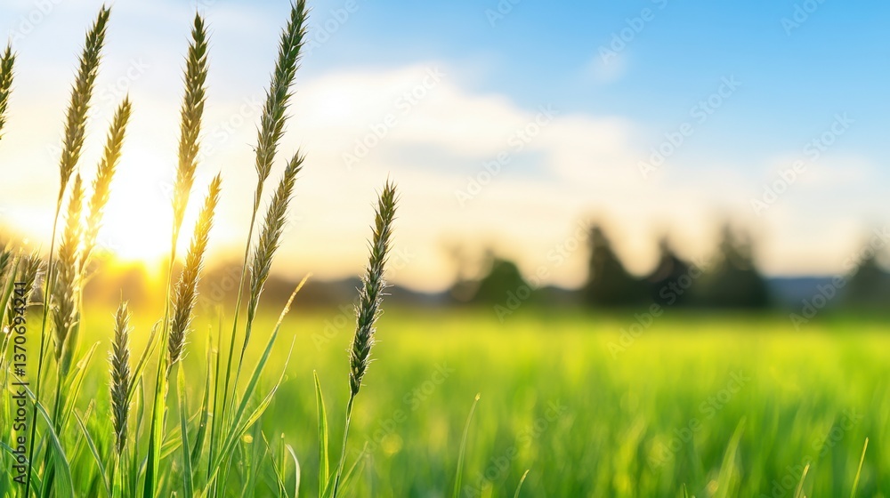 Poster close up view of green grass illuminated by a warm sunset, with a blurred background of a field and 