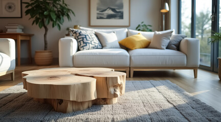 Fototapeta premium sunlit multi-sectioned bleached-light-wood coffee table in a contemporary living room