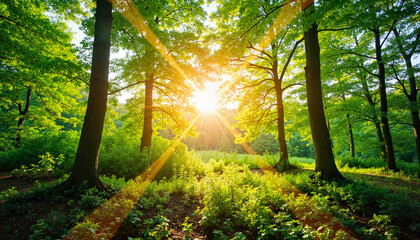 Sunlight streaming through lush forest trees, nature's serenity