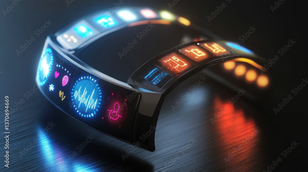 Poster futuristic wearable device with glowing display showing various icons