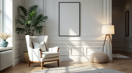 Fototapeta premium sunlit living room with white armchair and classic decor