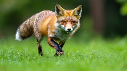 Obraz premium A vibrant red fox bursts across a green field, captured mid-stride. Intense focus and blurred background emphasize its swift movement