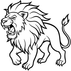 A roaring lion ataking outline line art style.