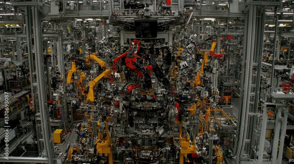 Poster complex automated assembly line with numerous robotic arms intricately weaving together