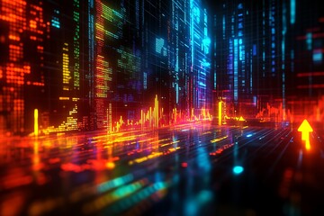 A digital screen displaying stock market graphs and rising arrows, glowing with vibrant colors in a dark room
