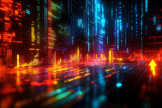 A digital screen displaying stock market graphs and rising arrows, glowing with vibrant colors in a dark room