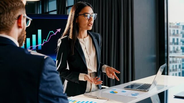 Jeune femme asiatique en costume pr&eacute;sentant des r&eacute;sultats financiers devant un &eacute;cran et un ordinateur portable dans une salle de r&eacute;union moderne, posture dynamique et professionnelle