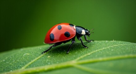 Fototapeta premium Macro image of a ladybug crawling on a green leaf