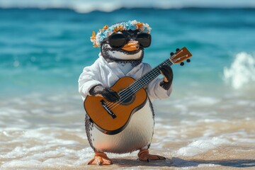 Obraz premium Penguin in a white linen shirt and beach sandals playing guitar by the ocean during a sunny day