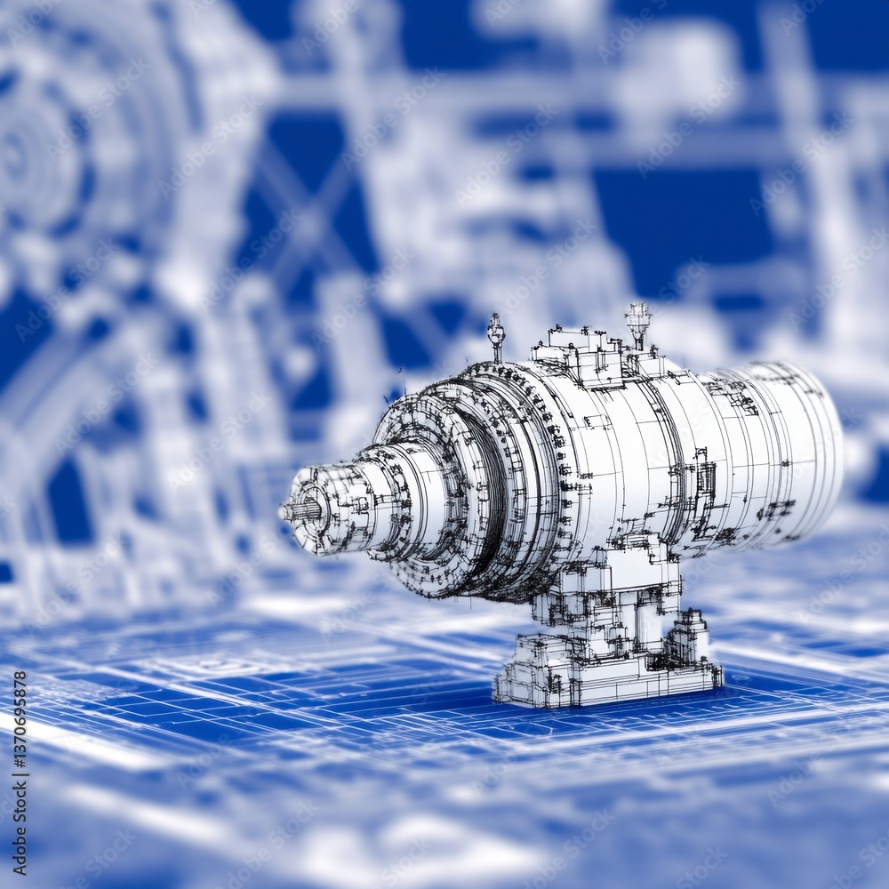 Poster detailed 3d rendering of a complex mechanical device, displayed on a blueprint background. the model