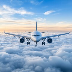 Obraz premium White passenger airplane flying above a fluffy cloud layer during a vibrant sunset. The aircraft is centrally positioned, offering a stunning aerial view.