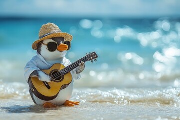 Penguin in linen shirt and sandals plays guitar by the ocean during a sunny day