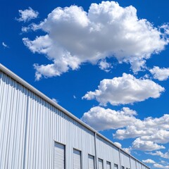 Low angle view of a white corrugated metal building against a vibrant blue sky with fluffy white clouds. The building has several closed roll up doors.