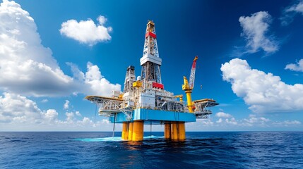Offshore drilling platform standing tall against a vibrant blue sky with fluffy clouds and ocean backdrop