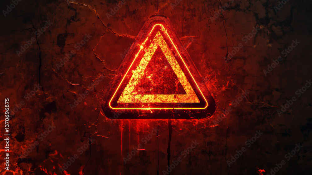 Poster hacking concept. attention warning attacker alert sign with exclamation mark on dark red background.