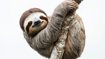 A relaxed and comical sloth, native to Costa Rica, hangs playfully from a tree branch, scratching its belly with a carefree expression against a white background
