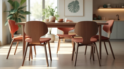 four coral chairs encircle a light wood dining table in a sunlit room.