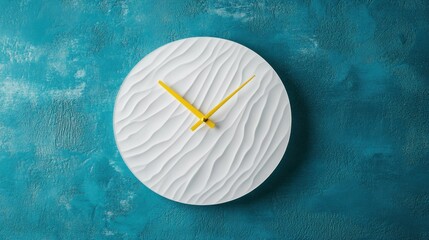 A modern white wall clock with yellow hands and abstract design