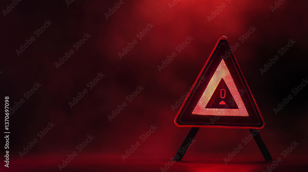 Poster hacking concept. attention warning attacker alert sign with exclamation mark on dark red background.