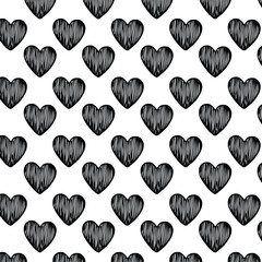 Black and white hand drawn geometric hearts seamless pattern on white background. Valentines Day backdrop. Wedding ornament  texture.