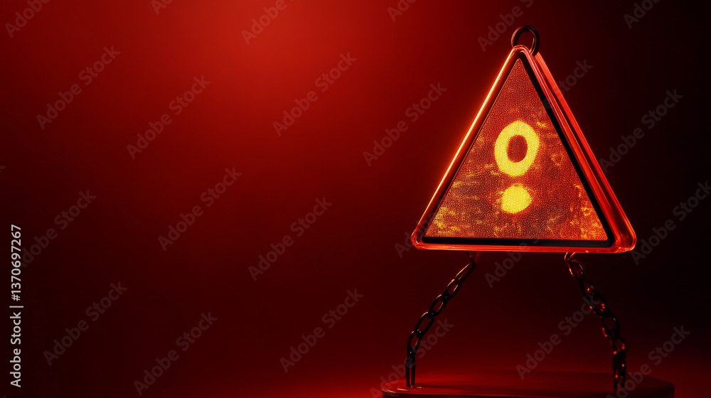 Poster hacking concept. attention warning attacker alert sign with exclamation mark on dark red background.