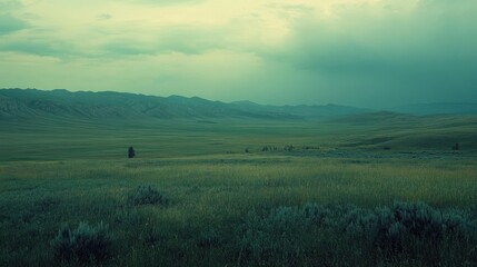 A vast green field stretches toward distant mountain ranges under clouds