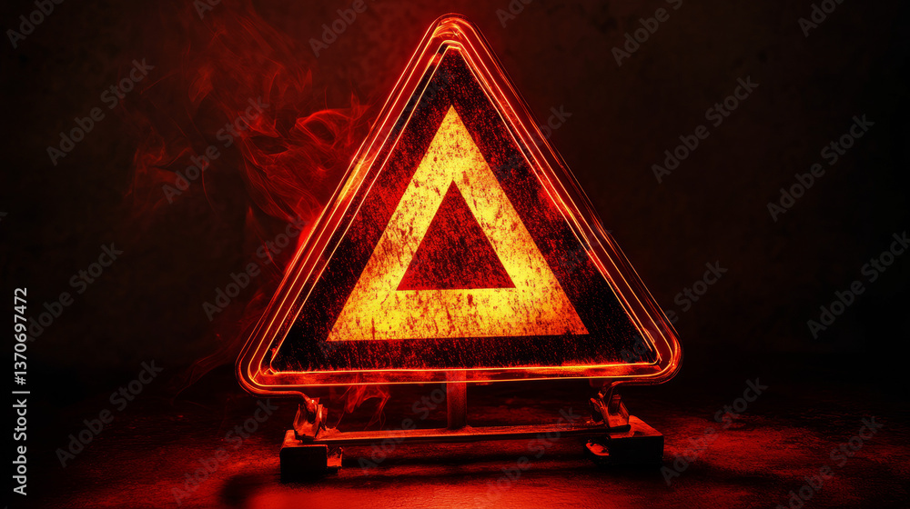 Poster hacking concept. attention warning attacker alert sign with exclamation mark on dark red background.