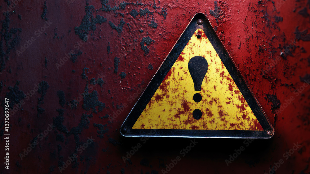 Poster hacking concept. attention warning attacker alert sign with exclamation mark on dark red background.